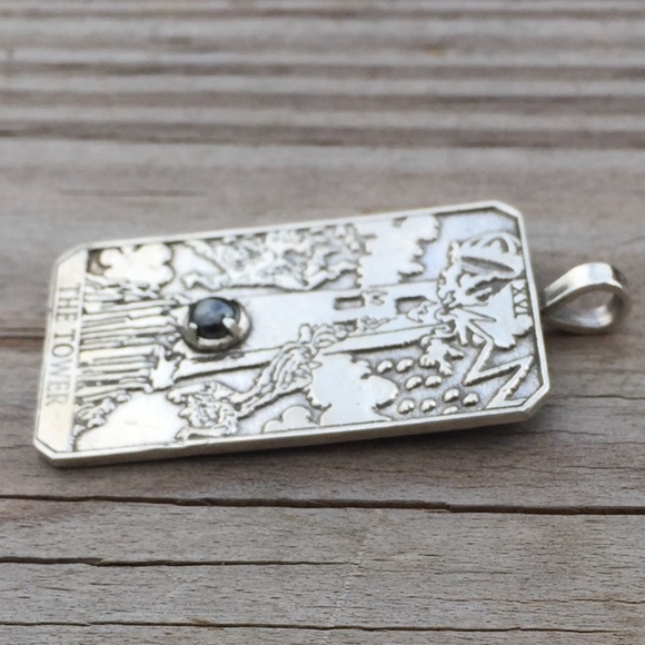 Tower Tarot Card Pendant .925 Sterling Silver w/ genuine Hematite gem USA - Picture 4 of 8